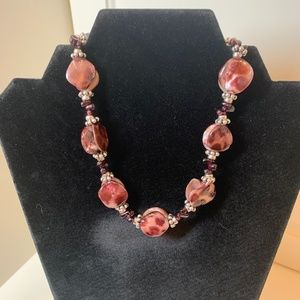 16" Mother of Pearl, Garnet and Sterling Necklace